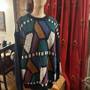 Vintage 90s Cattivo Geometric Colorblock Sweater XL Abstract Pattern Boucle Knit